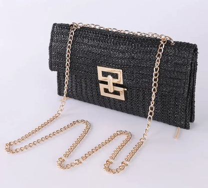 Women's Chain Flap Screw Lock Straw Bag