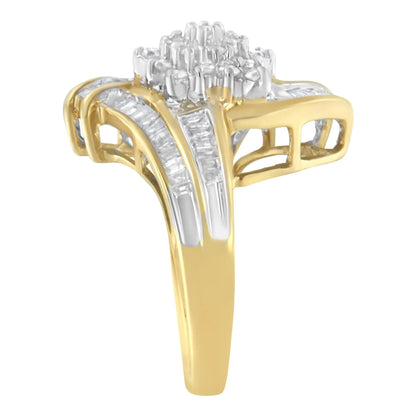 10K Yellow Gold Round and Baguette-Cut Diamond Bypass Cluster Ring (1.0 Cttw, I-J Color, I1-I2 Clarity)