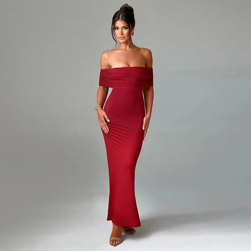 Vestido elegante y sexy con espalda descubierta y hombros descubiertos para mujer estilo socialité