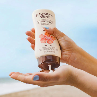 Hawaiian Tropic Sheer Touch Ultra Radiance Lotion päikesekaitsekreem SPF 30, 8 untsi | Hawaiian Tropic päikesekaitsekreem SPF 30, päikesekaitsekreem, laia spektriga päikesekaitsekreem, oksübensoonivaba päikesekaitsekreem, keha päikesekaitsekreem, 8 untsi