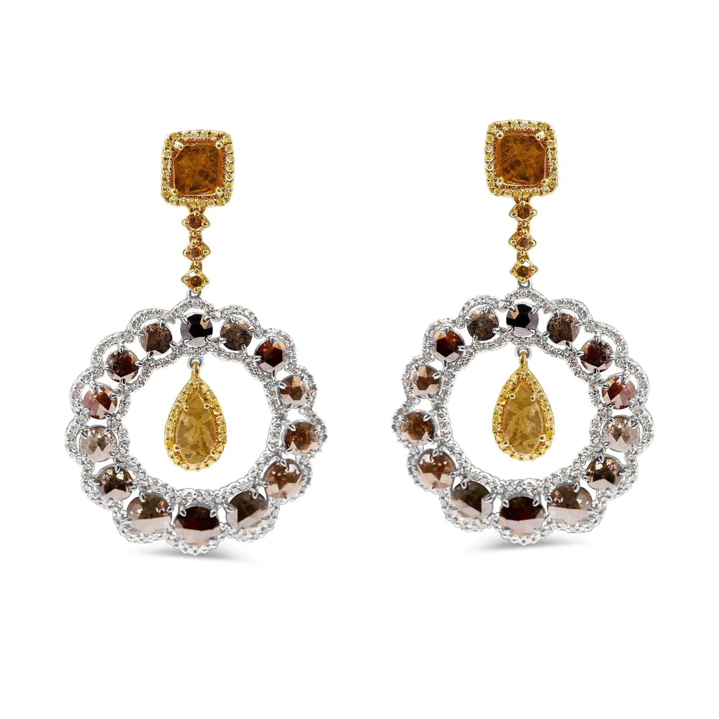 Aros colgantes y pendientes de aro con diamantes naturales de fantasía de 10,0 quilates en oro blanco y amarillo de 14 quilates (color amarillo, claridad I1-I2)