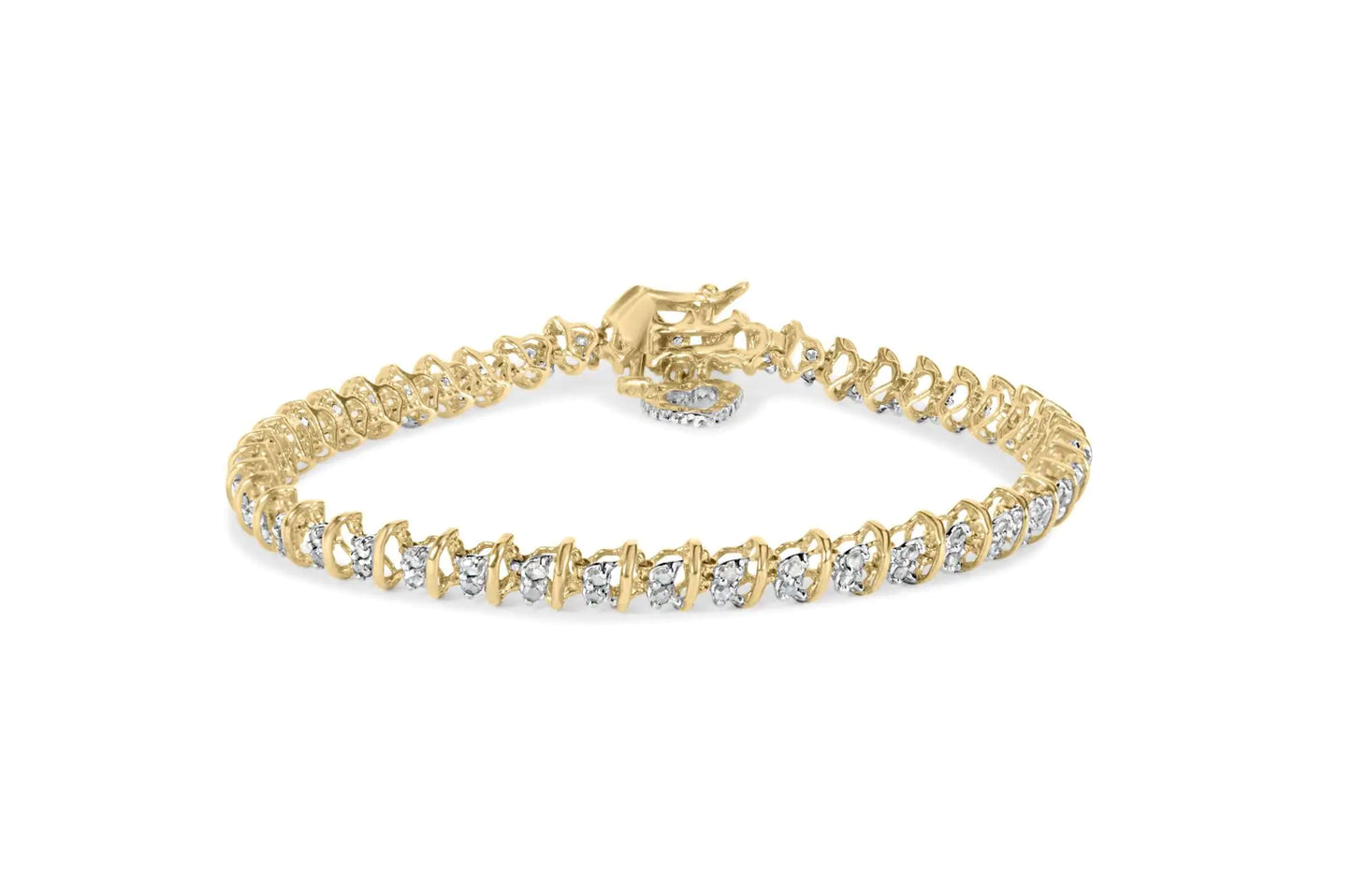 10K Yellow Gold 1.00 Cttw Diamond Spiral Link 7" Bracelet with Heart Charm (H-I Color, I3 Clarity)