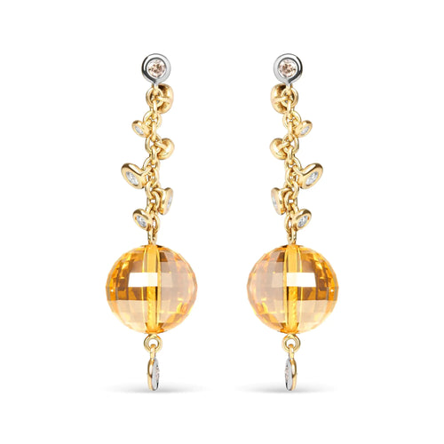 18K Yellow Gold 2/3 Cttw Round Bezel Diamond and 25mm Ball Shaped Yellow Citrine Gemstone Dangle Stud Earring (Brown and G-H Color, SI1-SI2 Clarity)