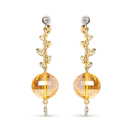 18K Yellow Gold 2/3 Cttw Round Bezel Diamond and 25mm Ball Shaped Yellow Citrine Gemstone Dangle Stud Earring (Brown and G-H Color, SI1-SI2 Clarity)