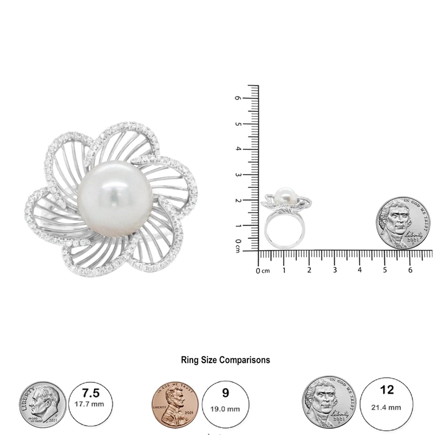 14K valge kullaga 11 mm ümar pärl ja 1/3 Cttw ümmargune teemant ažuurne õisõrmus (HI Color, VS1-VS2 Clarity)