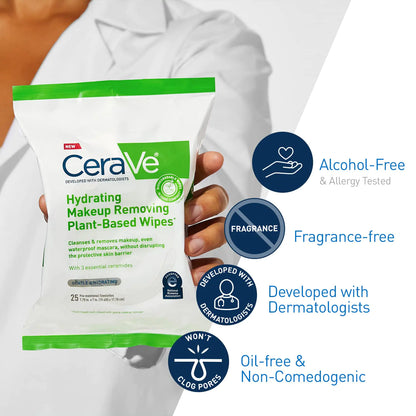 CeraVe Hydrating Facial Cleansing Makeup Remover Wipes| Plantebasert ansikt biologisk nedbrytbart i hjemmekompost| Vask klut| Egnet for sensitiv hud| Duftfri Ikke-komedogen| 25 Count, CeraVe Hydrating Face Wipes