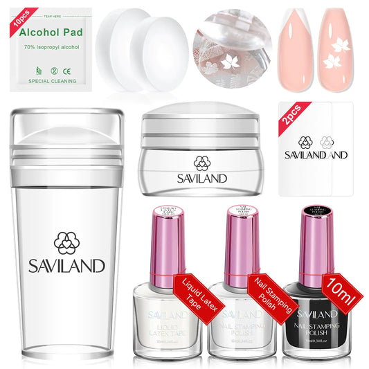 Saviland - Kit de 10 estampadores de uñas con punta francesa, incluye 2 esmaltes de gel, cinta de látex despegable y 2 cabezales de repuesto para manicura francesa. Ideal para el hogar. 3A - Kit de estampadores de uñas.