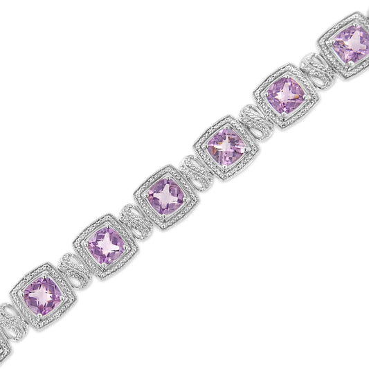 Pulsera de tenis de plata de ley 925 con amatista morada de talla cojín de 7 x 7 mm y diamante redondo de 1/10 ct (color IJ, claridad I1-I2) - 18 cm